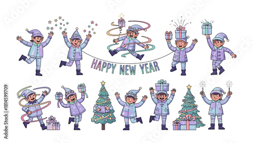 Happy New Year Celebration: A festive illustration of cheerful elf characters joyfully celebrating the New Year amidst gifts and decorations, creating a scene of merriment and holiday spirit.