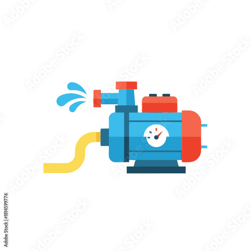 Blue and red electric water pump motor with a pressure gauge, spraying water from a nozzle.
