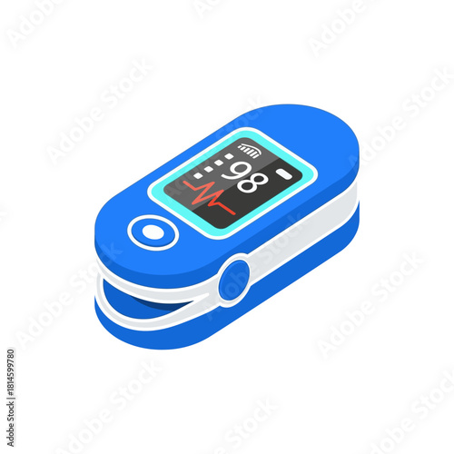 Blue and White Pulse Oximeter Displaying 98 Oxygen Saturation and Heartbeat Waveform.