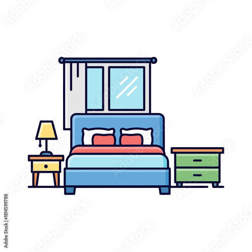 Blue Bed with Nightstands and Window, Minimalist Bedroom Interior Illustration.