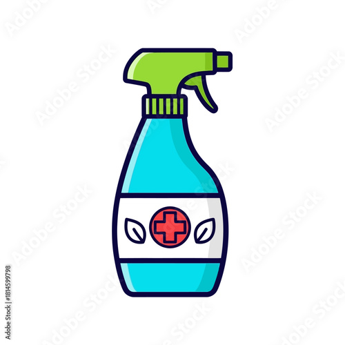 Blue cartoon disinfectant spray bottle with a green trigger and a medical cross and leaf label.