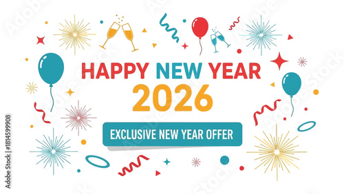 New Year's Celebration: Colorful New Year's eve with Balloons, Fireworks, Streamers, and Champagne Glasses, signifying a joyous celebration with promises of the exclusive offer