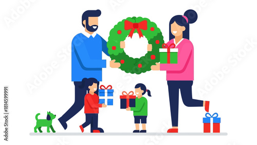 Holiday Cheer: A family, joyfully decorated for the winter holiday season with gifts, and a festive wreath, captures the essence of togetherness and happiness.