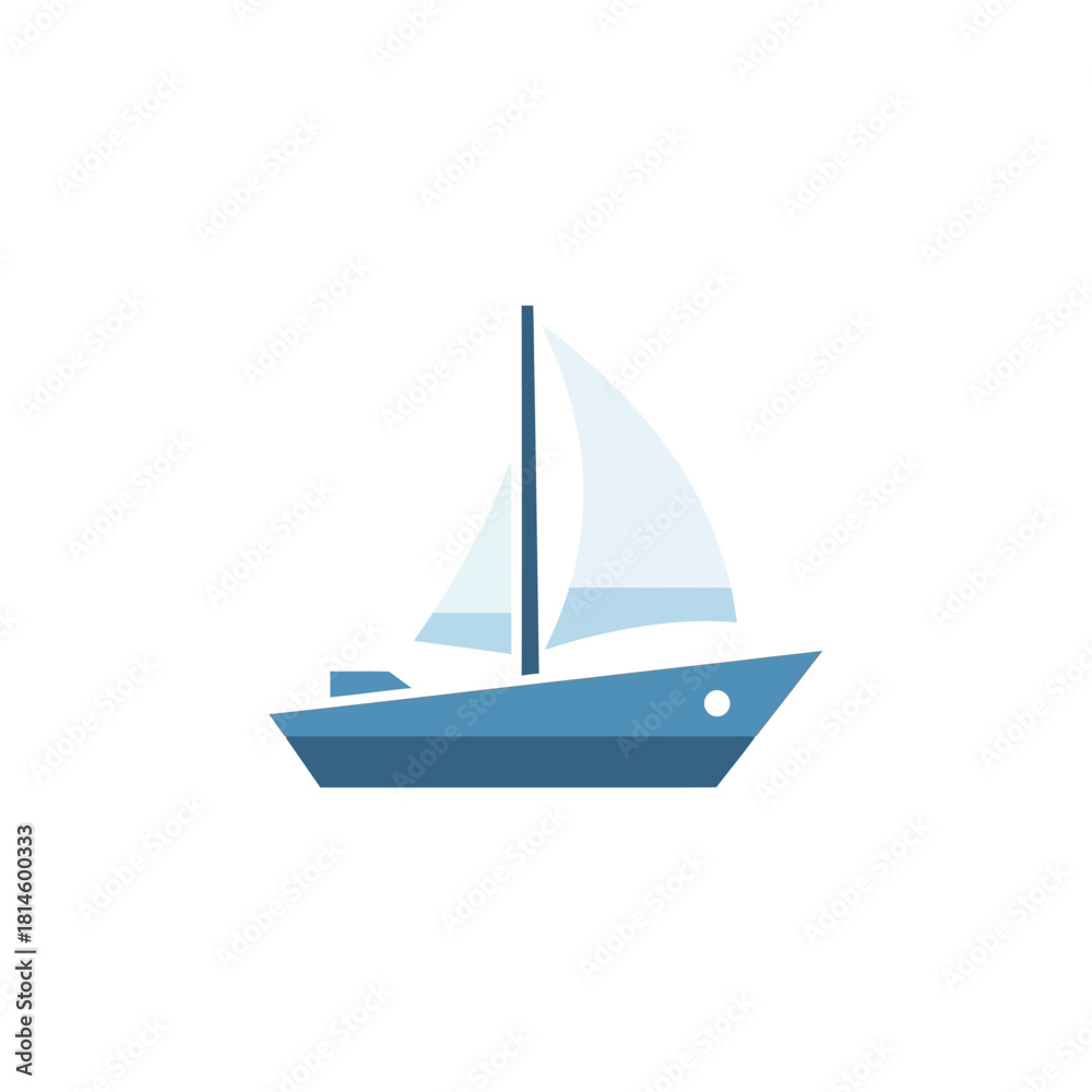 Fototapeta premium Blue Sailboat with White Sails and Mast, Simple Flat Design.