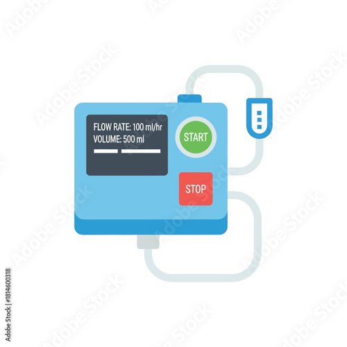Blue Medical Infusion Pump with Screen, Start Button, Stop Button, and Tubing.