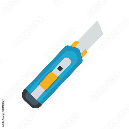 Blue plastic utility knife with an extended retractable blade, flat vector icon.