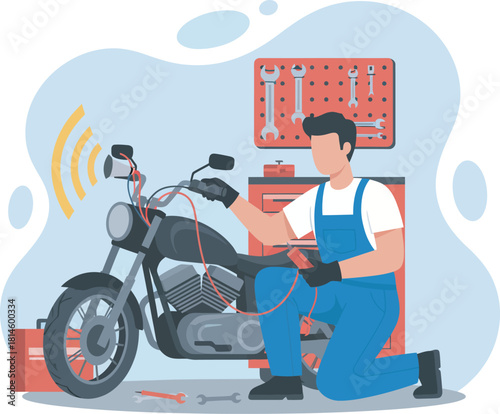 Mechanic working on a motorcycle in a workshop, checking wires and components.