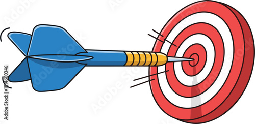 Cartoon vector illustration of a blue dart arrow accurately hitting the red bullseye of a target for business success concepts.