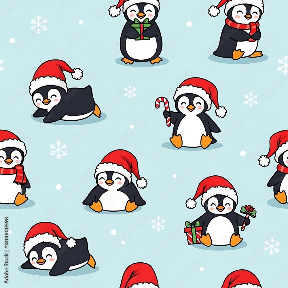 Naklejka premium A seamless pattern of cute cartoon penguins wearing Santa hats for Christmas on a light blue background with snowflakes.