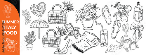 Summer Italy food print, hand drawn travel Mediterranean icon set Italian vintage vacation emblem. Traditional cuisine elements, Amalfi lemon silhouette wine glass bottle. Italy summer bis set design