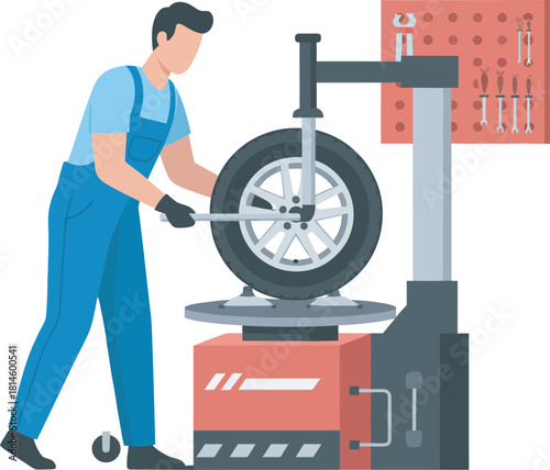 Mechanic using tools to service a car tire on a tire changing machine.