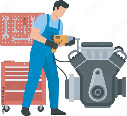 A mechanic in blue overalls uses a drill on a car engine.