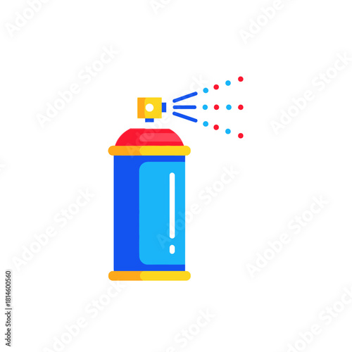 Blue spray can with red top and yellow accents, spraying colorful dots.
