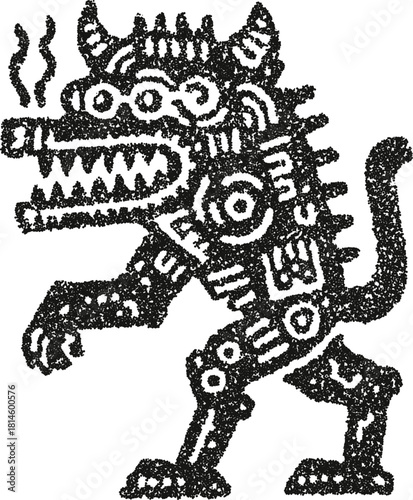 Smoking wolf monster vector illustration with multiple eyes and mechanical parts in surreal stipple dotwork style
