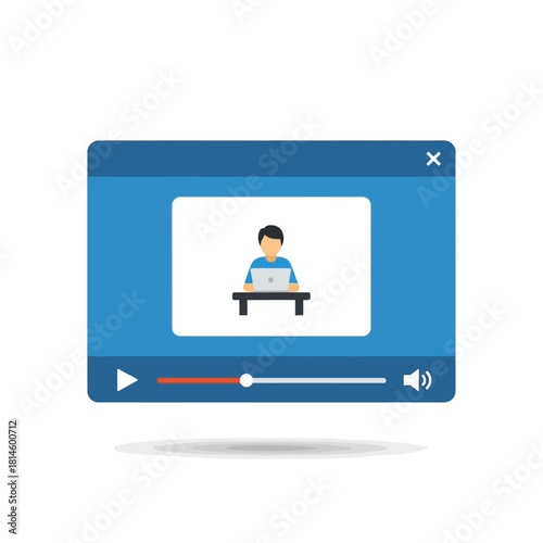 Blue video player window displaying a simplified cartoon person working on a laptop at a dark desk.
