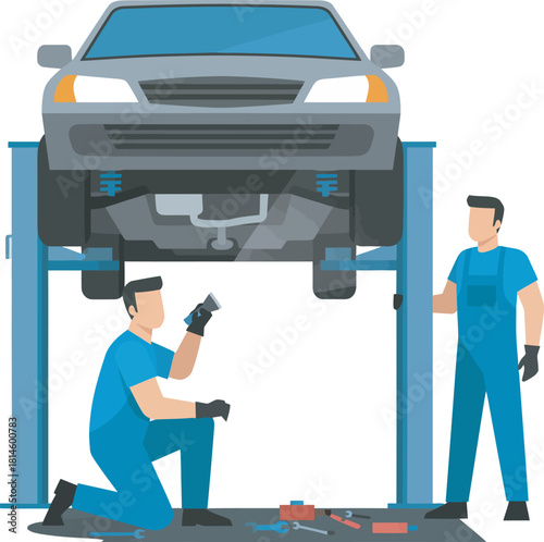Two mechanics working on a car raised on a hydraulic lift in a garage.