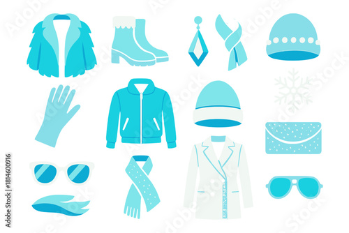 Icy Chic Icons. Icy Chic flat icon set : faux fur coat, frosted boots, crystal earring, metallic scarf, silver glove, icy blue jacket, pearl hat, snowflake brooch, shimmer clutch