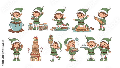 Elf's Preparation for Christmas: A playful illustration depicts a group of elves busily preparing delicious treats and gifts in a festive holiday scene. 