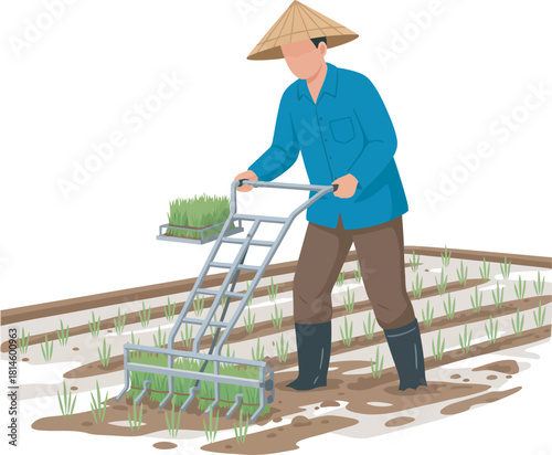An illustration of a farmer using a rice transplanter to plant rice seedlings.