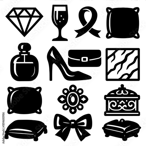 Brutalist Luxury Icons. Luxury Elegance silhouette icon set : diamond gem, champagne glass, gold ribbon, silk pillow, perfume bottle, high-heel shoe, clutch purse, marble tile