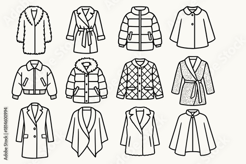 Stylish Winter Outerwear. Winter Warm Outerwear Glam linear icon set: long faux fur coat, belted velvet trench, glossy puffer coat, wool cape, cropped metallic bomber, down parka