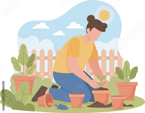 A person tending to plants in a garden, surrounded by pots and greenery.