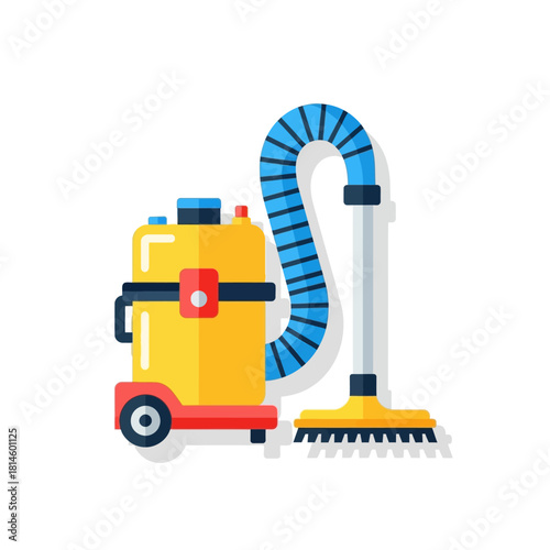 Bright Yellow and Red Vacuum Cleaner with Blue Hose and Brush Head, Flat Design.