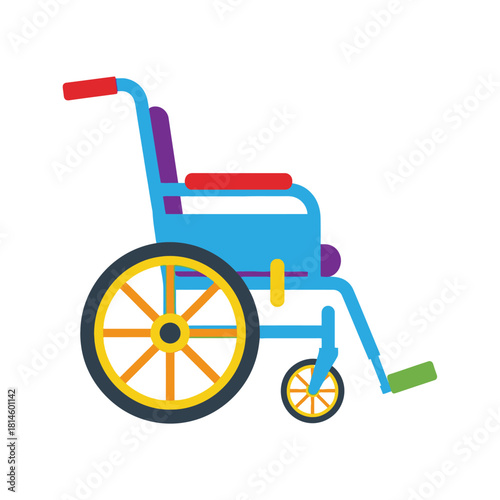 Brightly colored illustrated wheelchair featuring a blue frame, red armrests, and large yellow spoked wheels.