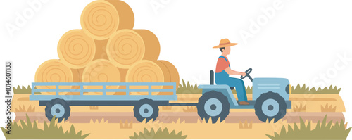 Farmer driving a tractor with a trailer full of hay bales in a field.
