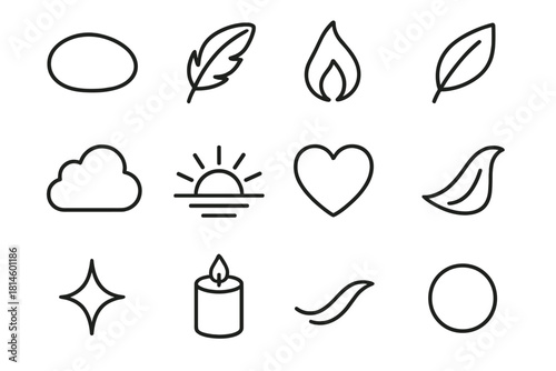 Tranquil Icons Array. Tranquil Beauty linear icon set : smooth stone, feather, soft flame, gentle leaf, cloud, sunrise, glowing heart, silk fold, star sparkle, candle jar, flowing