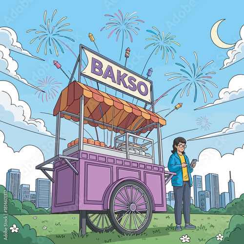A person stands by a Bakso food cart in a city park with fireworks celebrating in the sky.