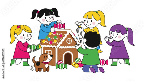 Crafting a Sweet Gingerbread House: A group of children gather around a gingerbread house, their faces alight with joy as they carefully decorate it with colorful candies and icing.