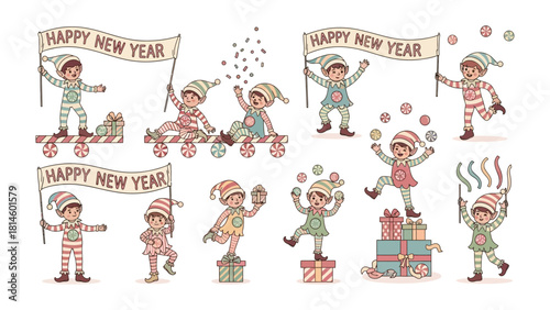 Joyful Elves Celebrate New Year: A collection of lively elves, dressed in festive attire, herald the arrival of the New Year. Each elf is captured in a joyous celebration with banners and gifts.