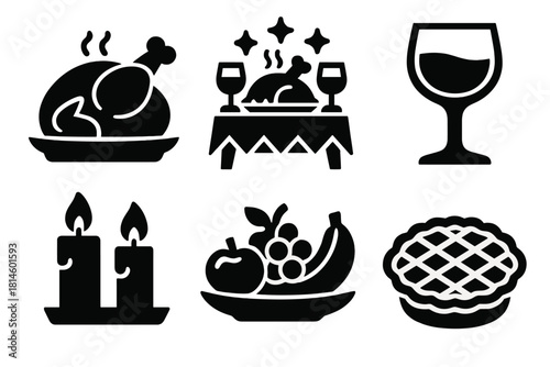 Brutalist Holiday Icons. Holiday Feast silhouette icon set: roasted turkey, festive table, wine glass, candles, fruit platter, pie dessert