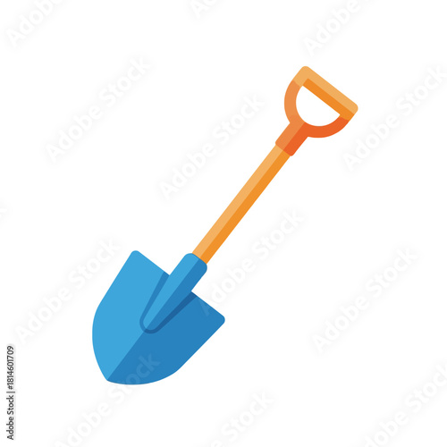 Cartoon Illustration of a Blue Shovel with Orange Handle and Grip, Isolated.