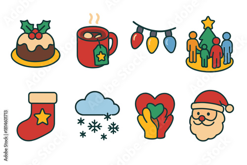 Festive Icons Collection. Holiday Expressions flat icon set: Sweet Tidings, Comfort & Joy, Twinkling Lights, Happy Gatherings, Festive Spirit, Snowfall Wonder, Grateful Hearts