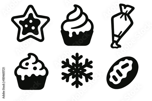 Frosted Delight Icons. Frosted Finishes silhouette icon set : cookie star, icing swirl, piping bag, cupcake, snowflake, candy sprinkle