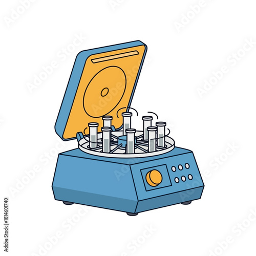 Cartoon illustration of a blue laboratory centrifuge with an open lid and spinning test tubes.