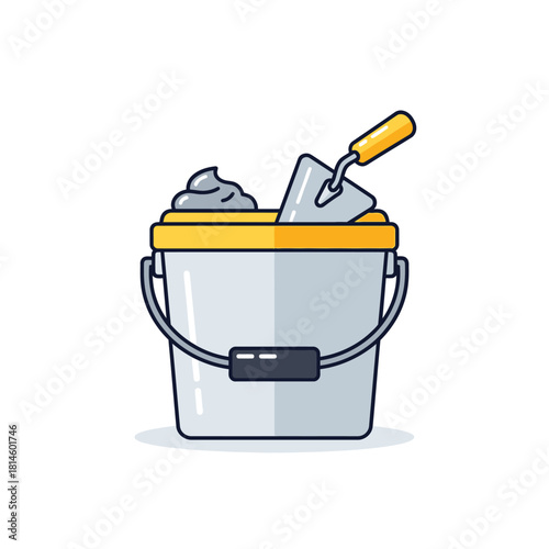 Cartoon Illustration of a Gray Bucket with Yellow Trim, Trowel, and Mortar.