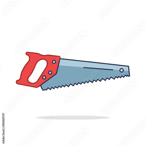 Cartoon Illustration of a Hand Saw with Red Handle and Blue Blade.