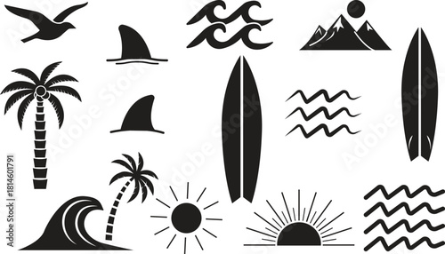 Summer beach vacation elements vector set black and white