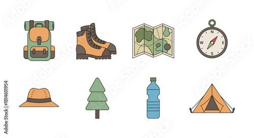 Camping gear essentials: flat design icons for outdoor adventures
