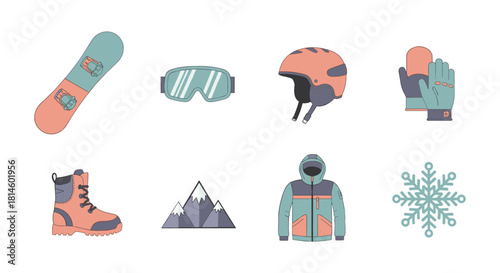 Essential winter sports equipment icons for snowboarding adventures