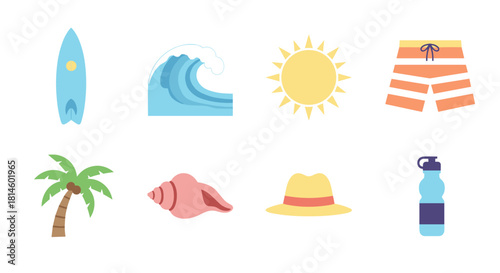 Beach essentials: surfboard, waves, sun, and summer icons set