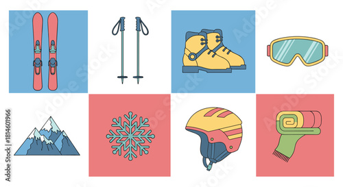 Winter sports equipment icons: skiing gear and accessories in flat design