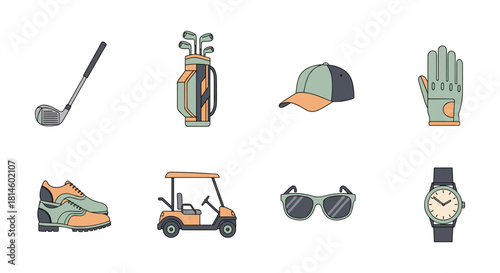 Stylish golf equipment and accessories icons in flat design