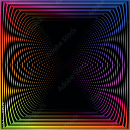 A diamond-shaped line pattern converges inward with rainbow gradients, creating depth and optical illusion.