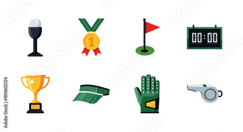 Flat sports icons set: golf, medal, trophy, whistle, glove, flag, scoreboard