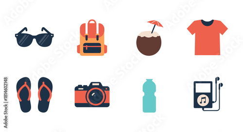 Summer essentials icons: sunglasses, backpack, coconut, t-shirt, camera, bottle, player