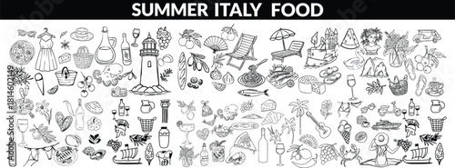 Summer Italy food print, hand drawn travel Mediterranean icon set Italian vintage vacation emblem. Traditional cuisine elements, Amalfi lemon silhouette wine glass bottle. Italy summer bis set design